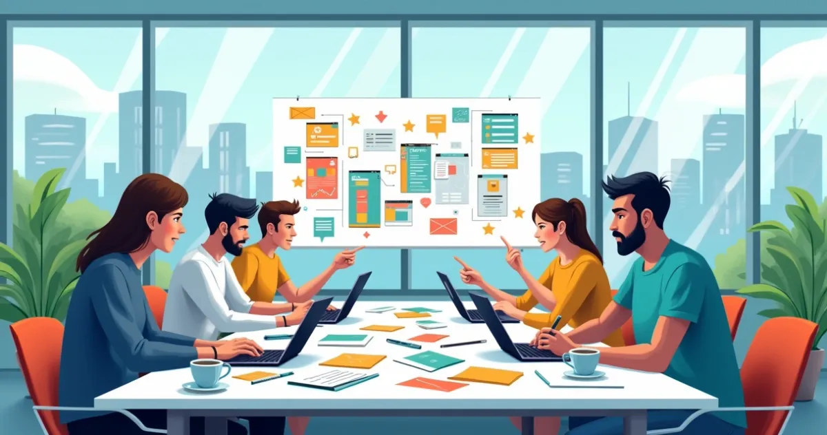 Um ambiente de trabalho animado com desenvolvedores colaborando em templates para aplicações.