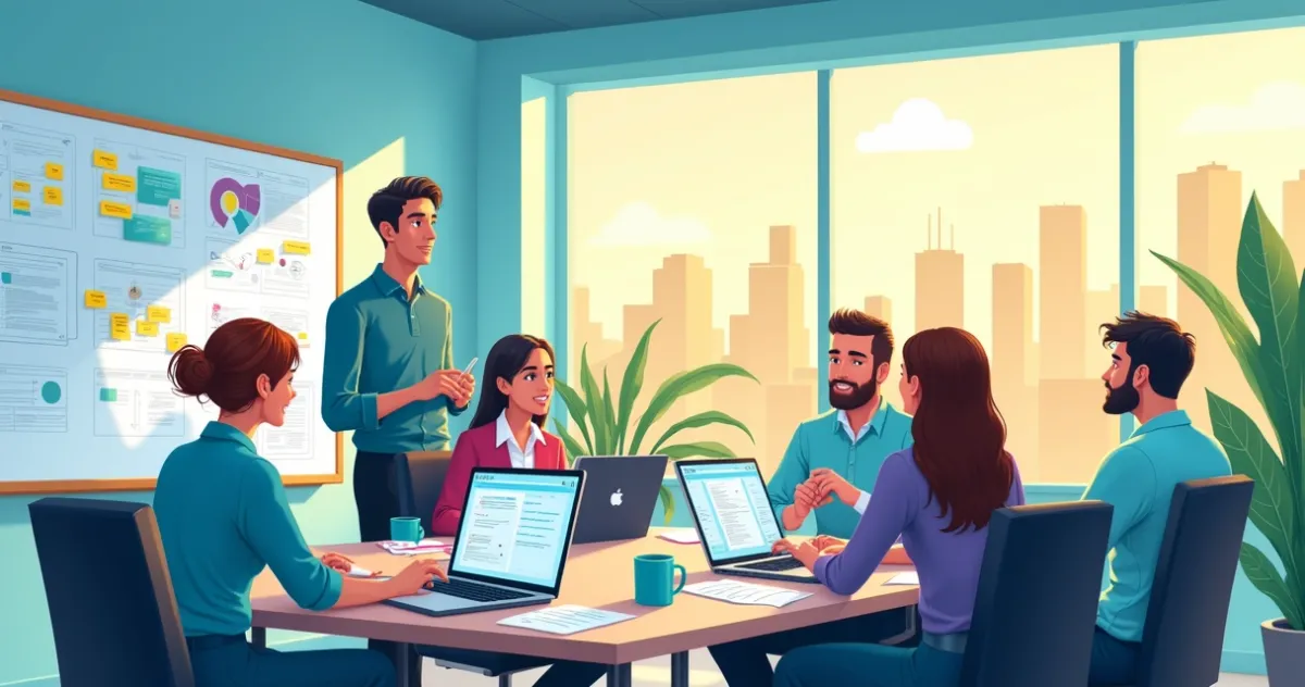 Ilustração de um ambiente de escritório moderno com profissionais colaborando em User Acceptance Testing.