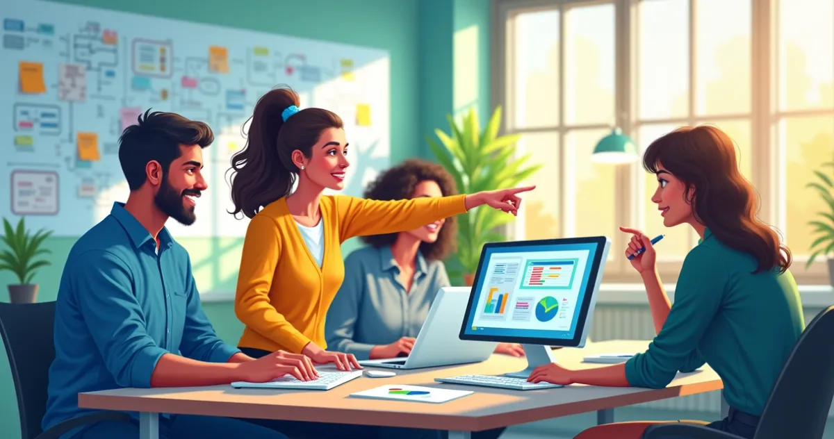 Grupo diverso de pessoas colaborando em ambiente de tecnologia no-code, com computadores e quadros brancos.