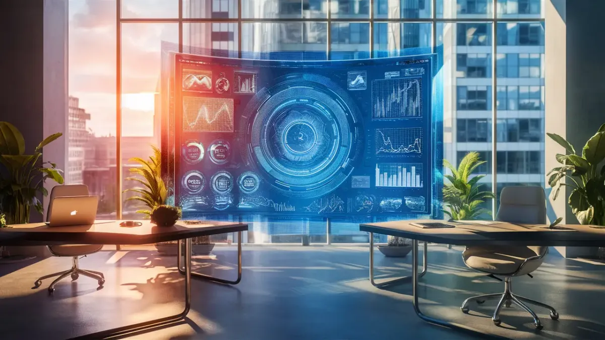 Ambiente de trabalho futurista com display holográfico, laptops em mesas minimalistas e janela com vista para a cidade modern