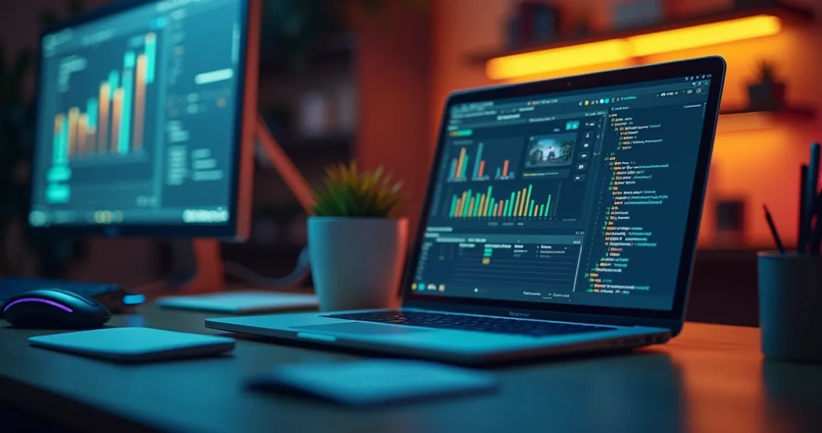 Profissional fazendo auditoria em app no-code em laptop com gráficos e checklist na tela
