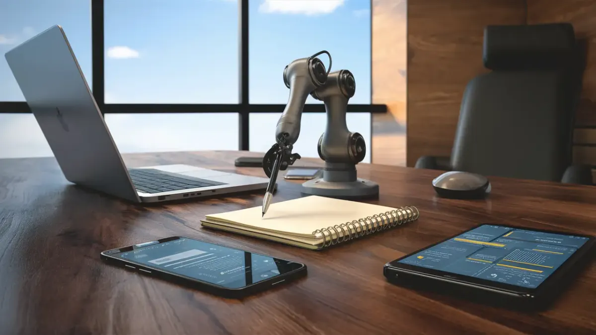 Escritório moderno com laptop, braço robótico e smartphone exibindo software de automação, janela ao fundo.