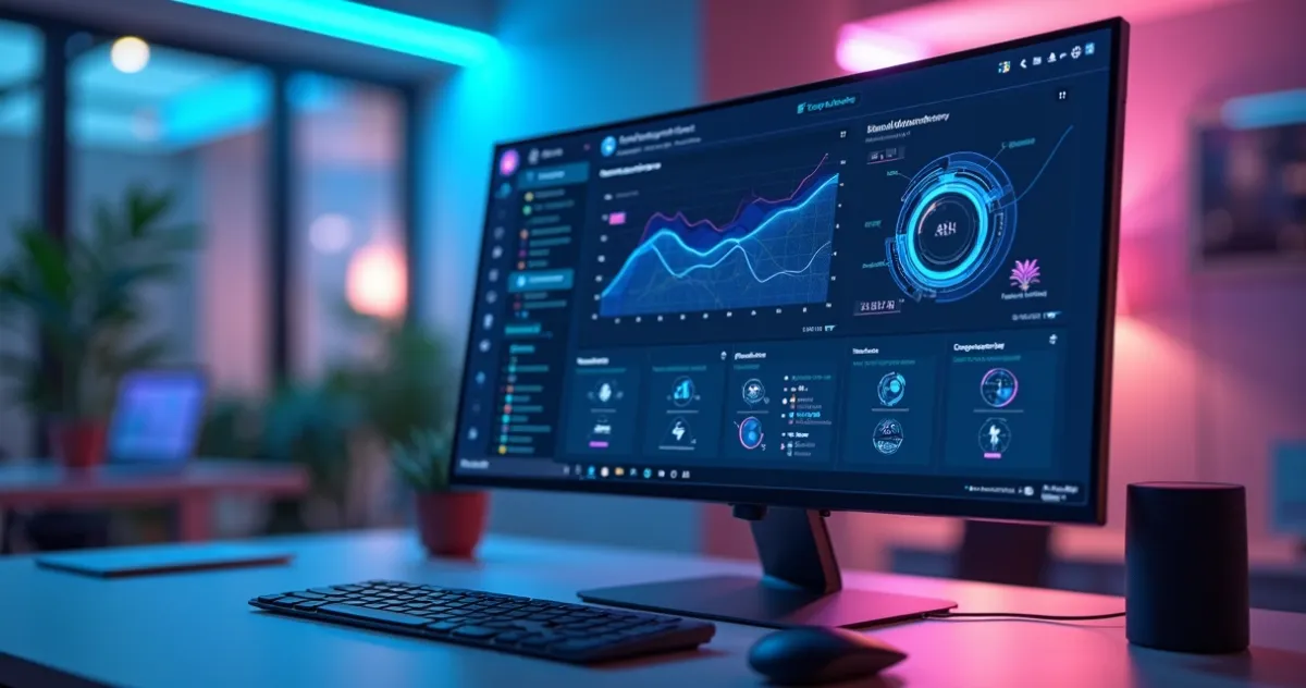 Mesa de trabalho moderna com tela exibindo dashboard de CRM automatizado com gráficos e inteligência artificial