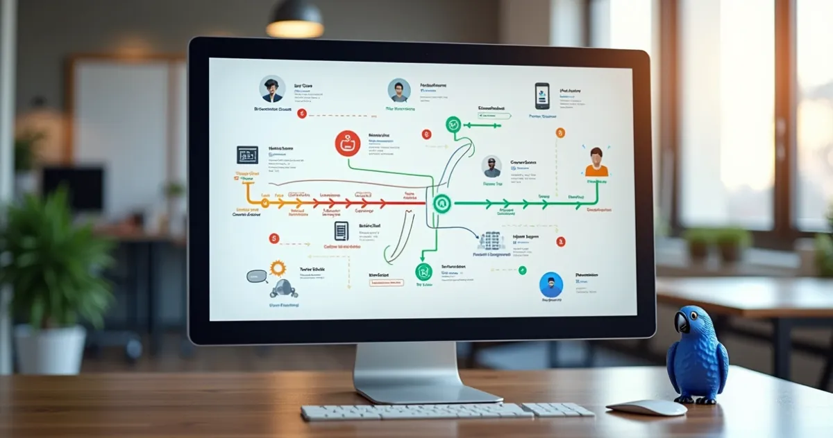 Tela de computador mostrando workflow detalhado de automação de onboarding no Bubble com ícones e fluxos conectados