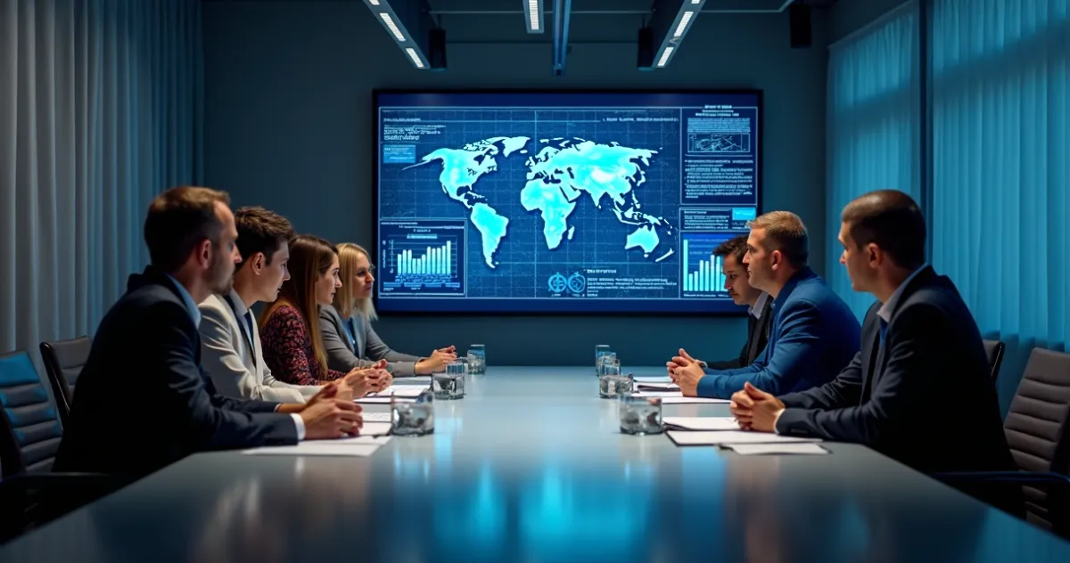 Mesa de reunião com profissionais analisando dados digitais e gráficos em telas com ícones de automação e consultoria digital