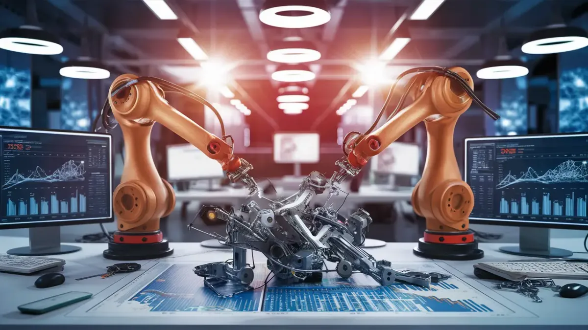 Braços robóticos montando dispositivo mecânico em escritório tecnológico com computadores exibindo análises de dados.