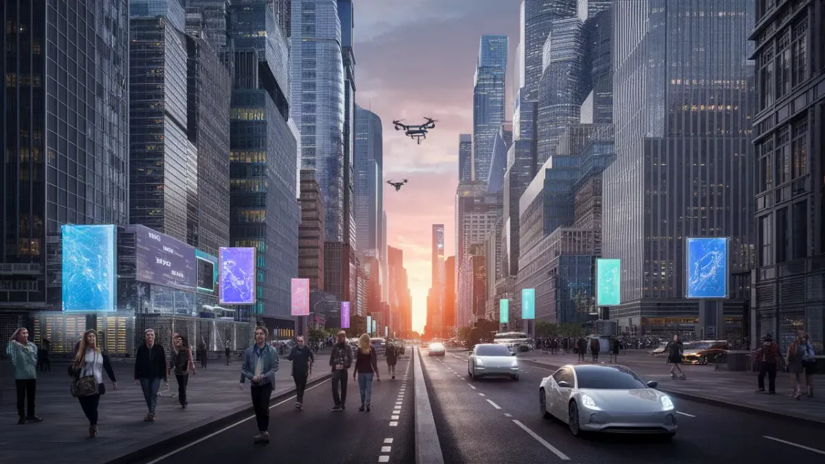 Uma cidade futurista ao entardecer com arranha-céus de vidro e aço, drones voando e pessoas usando óculos de realidade aument