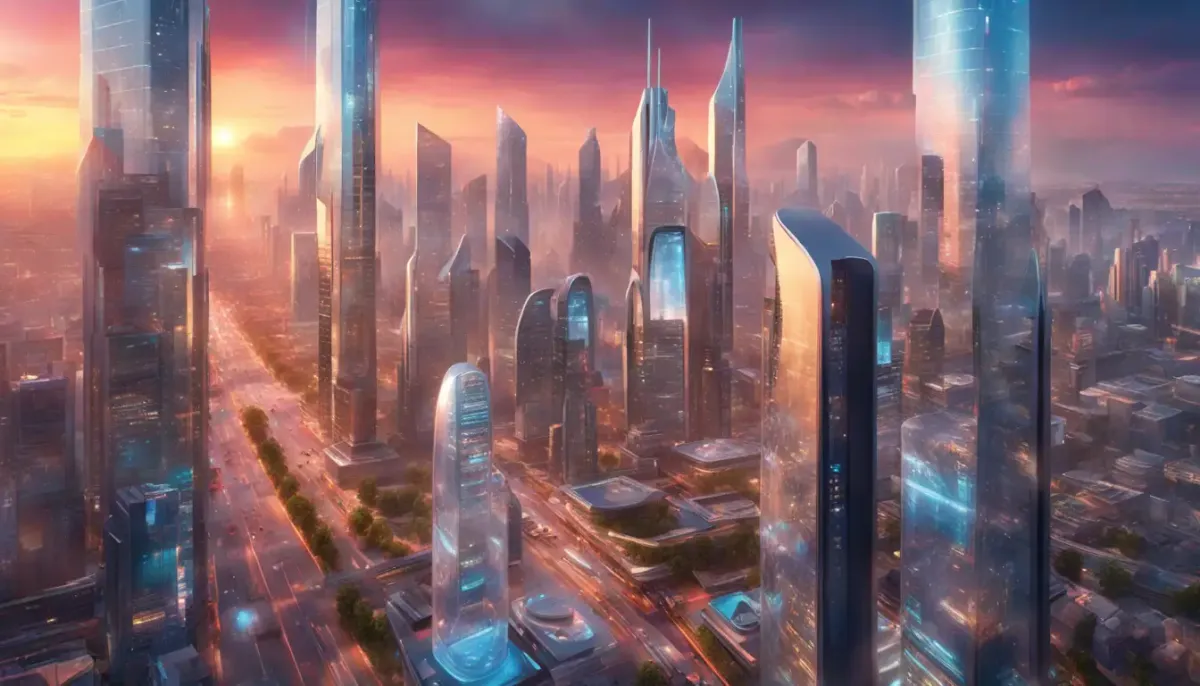 Cidade futurista com arranha-céus de vidro e aço, veículos voadores autônomos e dispositivos holográficos ao pôr do sol.