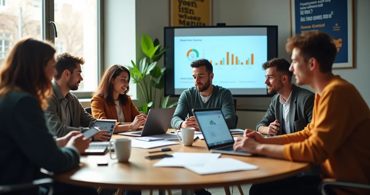 Equipe diversa colaborando em um escritório, discutindo sobre novas tecnologias com gráficos no projetor.