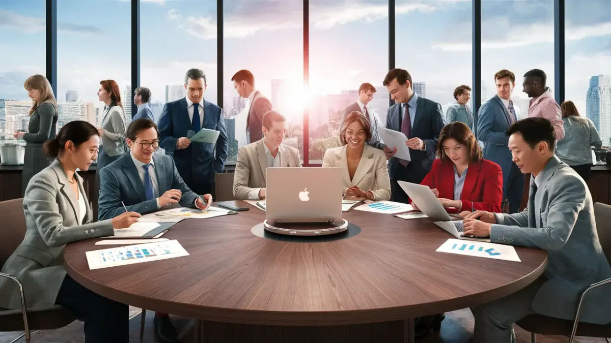 Pessoas em trajes formais colaboram em torno de mesa redonda com laptop e documentos em escritório moderno.