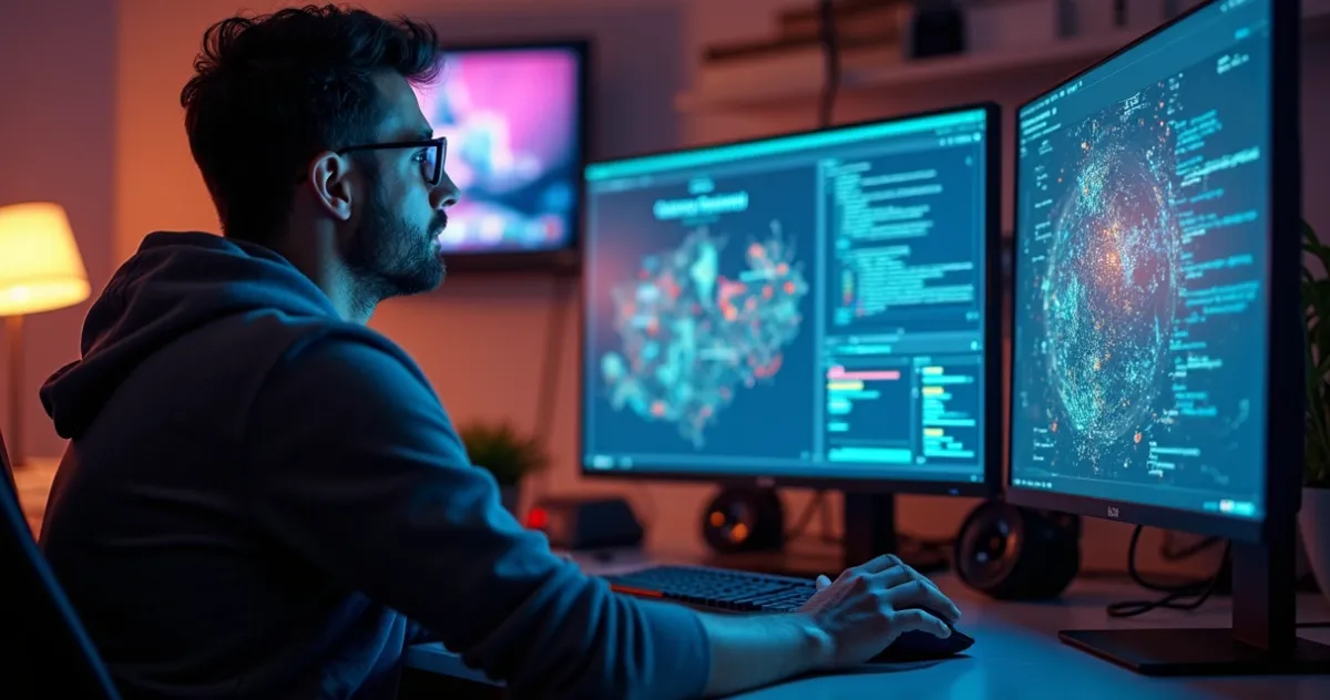 Tela de computador exibindo gráficos de integração de APIs ao lado de softwares prontos, com equipe discutindo estratégias em