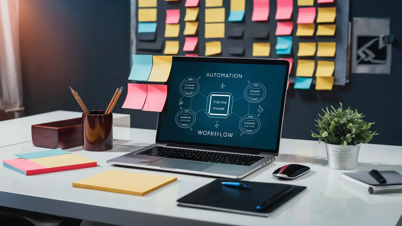 Computador portátil em mesa de escritório com diagrama de automação e notas adesivas coloridas organizadas.
