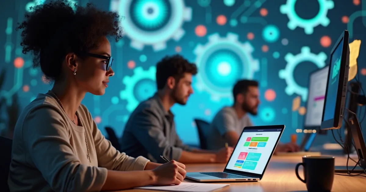 Criadores usando IA para automação em um ambiente produtivo e iluminado, trabalhando juntos.