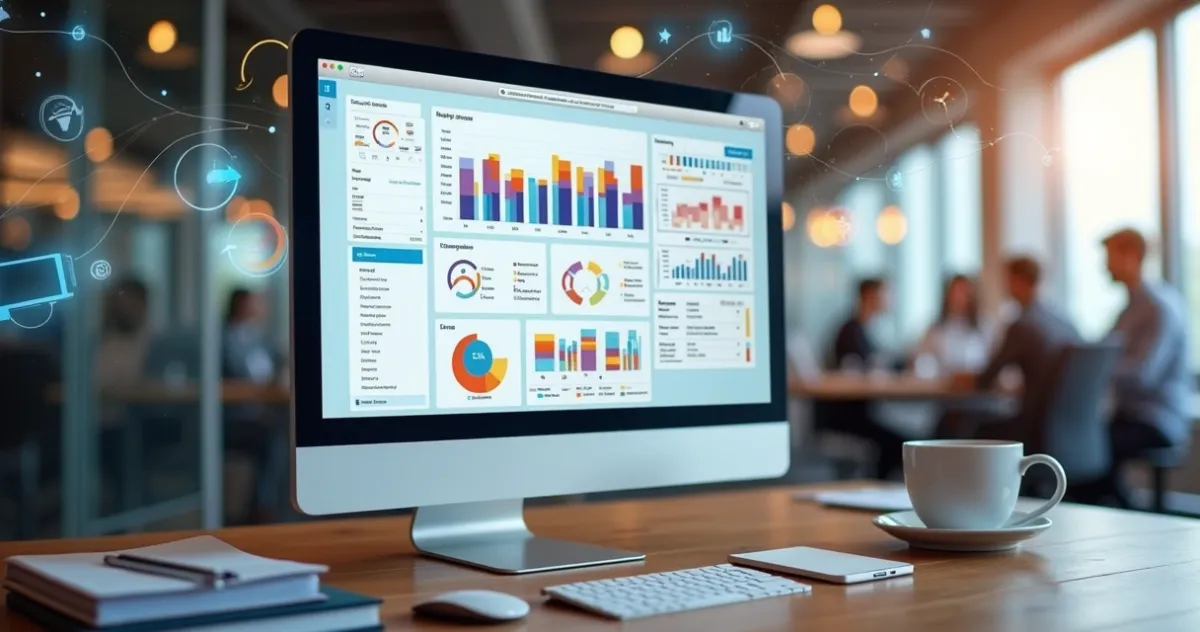 Tela de computador exibindo dashboard personalizado de CRM proprietário com gráficos e dados empresariais detalhados