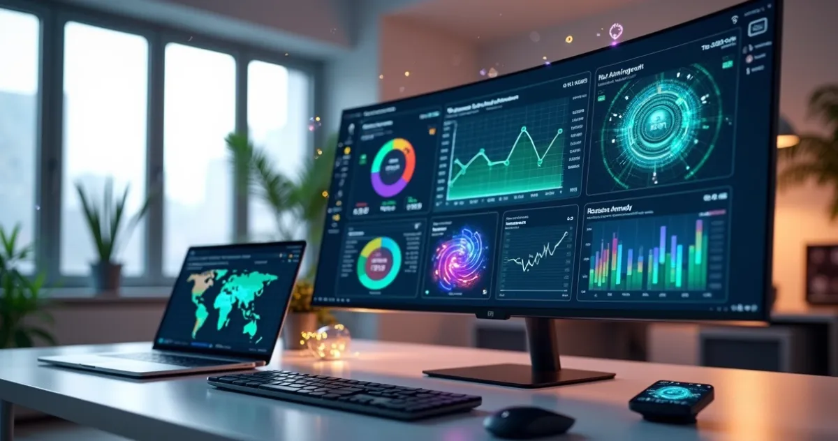 Dashboard interativo com gráficos e inteligência artificial em tela de computador ultradetalhada