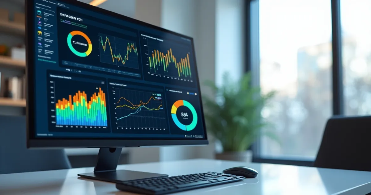 Dashboard digital com gráficos coloridos e indicadores de desempenho em tela de computador moderno