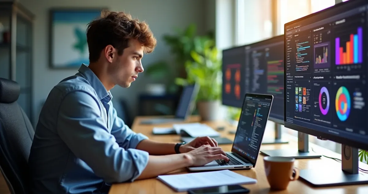 Desenvolvedor trabalhando em computador com interface de componentes customizáveis em tela