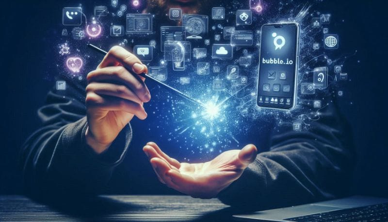 Imagem mostrando uma mão segurando um celular com a interface do Bubble.io, um laptop com a mesma interface e ícones de ferra