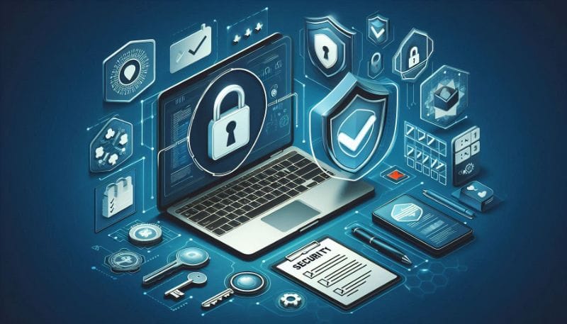 Imagem de um laptop com uma interface de aplicativo Bubble exibindo um ícone de cadeado, cercado por elementos de segurança c