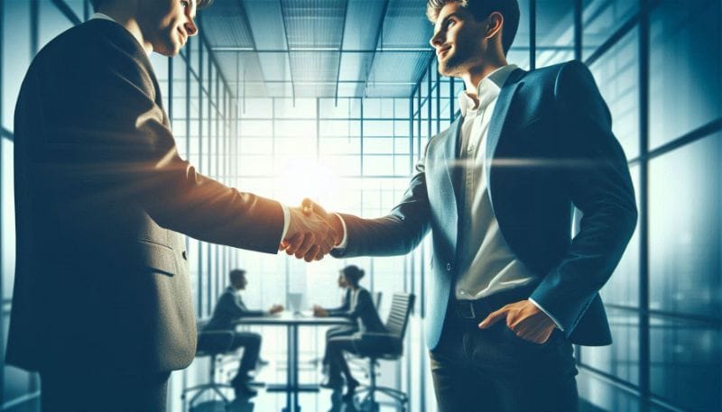 Profissionais de negócios apertando as mãos em um escritório moderno, simbolizando como conectar com clientes e inspirar conf
