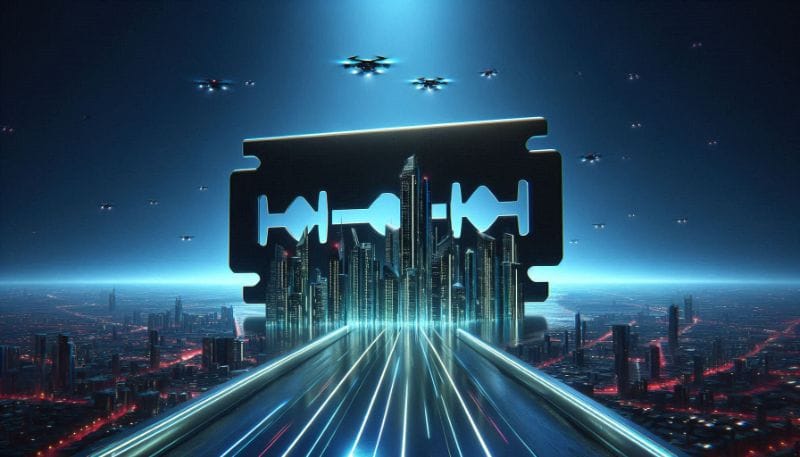 Imagem de uma lâmina de barbear gigante no centro de uma cidade futurista com prédios altos e luzes de neon, drones e pessoas