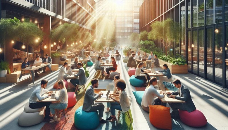 Pessoas de diferentes profissões utilizando laptops em um escritório moderno, simbolizando a democratização da inovação atrav