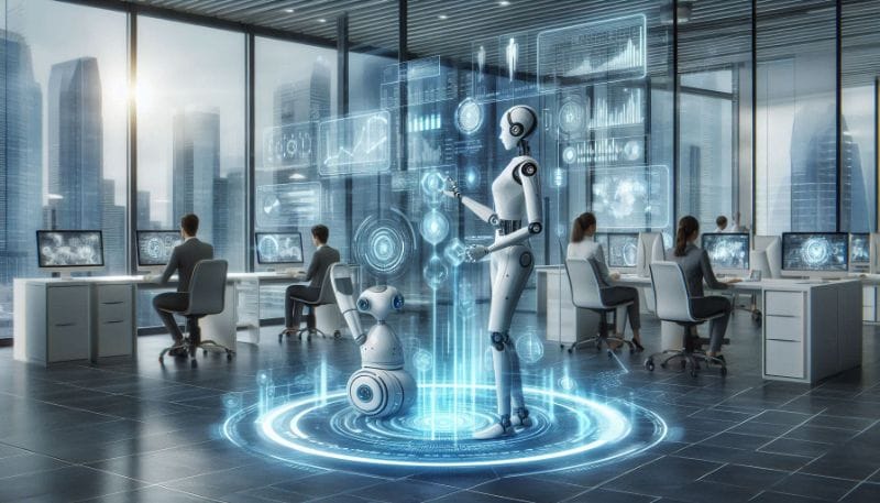 Máquina futurista operando em escritório moderno com paredes de vidro e assistentes robóticos, representando IA revolucionand