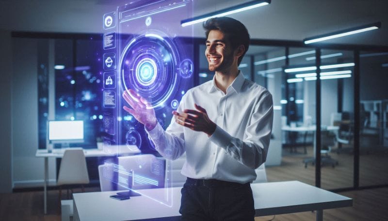 Desenvolvedor feliz usando interface holográfica de aplicativo em escritório moderno, representando a eficiência do desenvolv