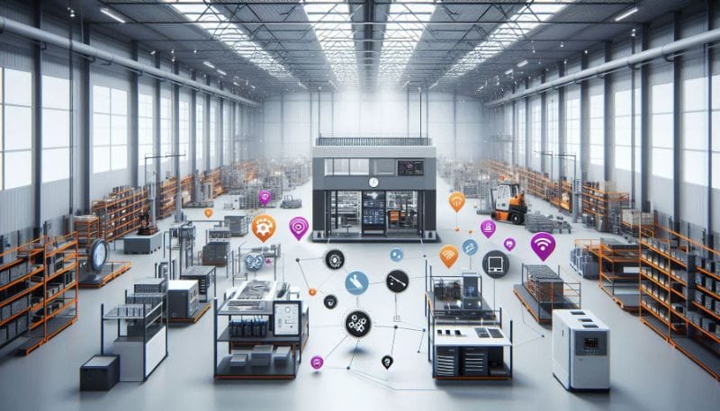 Cena de escritório moderno com dispositivos IoT e ferramentas no-code, destacando a automação e conectividade na empresa.