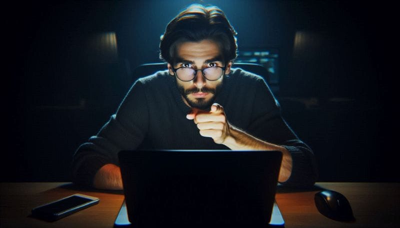 A programador is sitting at their desk, looking directly at the viewer with a gaze that is both intelligent and mysterious. T