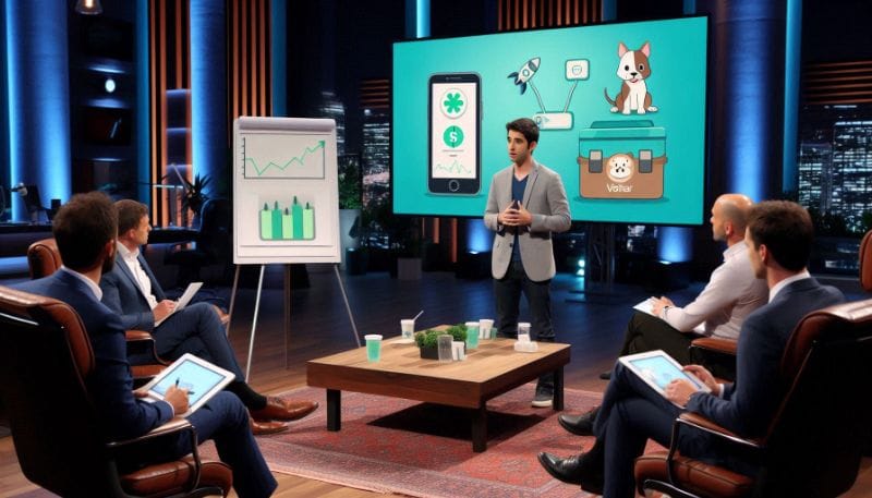 Desenvolvedor de aplicativo veterinário apresentando no Shark Tank Brasil com juízes atentos e gráfico de crescimento ao fund