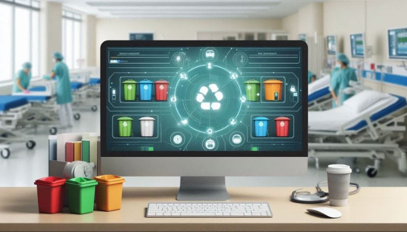 Interface de sistema de gestão de resíduos hospitalares em uma tela de computador com lixeiras coloridas e cenário hospitalar