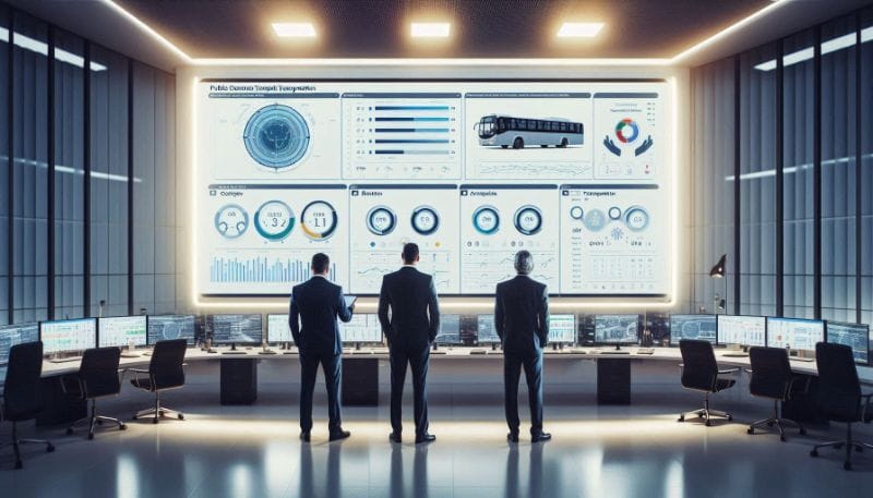 Passageiros em um ônibus no Brasil usando smartphones e um motorista monitorando uma interface de Bubble.io em um tablet fixa