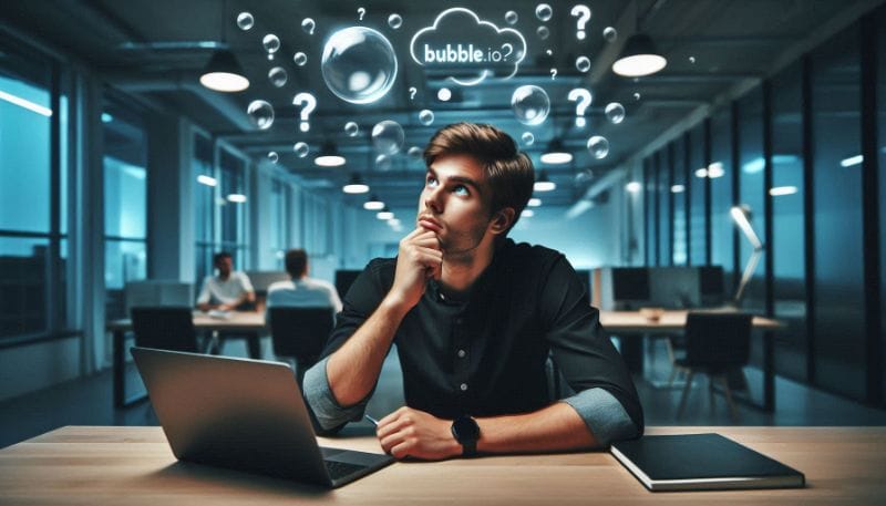 Jovem empreendedor sentado em sua mesa num escritório moderno de uma startup, com seu laptop à frente. O jovem está com uma e