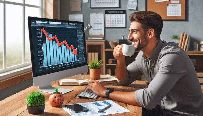Tela de computador com gráfico de barras em queda, calendário com três semanas marcadas, xícara de café e planta em vaso.