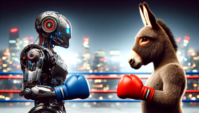 De um lado um robô futurista e de outro um burro, os dois estão se encarando como num anúncio de uma luta de boxe, e os dois