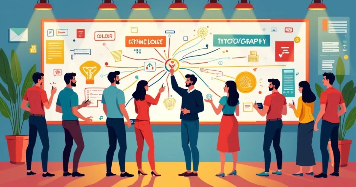 Ilustração de profissionais colaborando em brainstorming sobre os 15 elementos essenciais para branding.