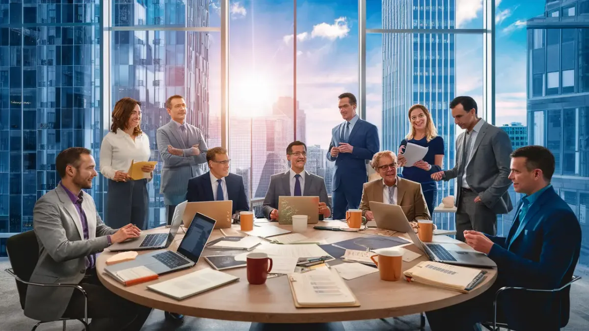 Empreendedores trabalhando em uma mesa redonda com laptops e documentos em um escritório moderno com janelas grandes.