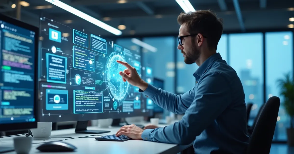 Engenheiro trabalhando com interfaces digitais no-code em ambiente tecnológico moderno