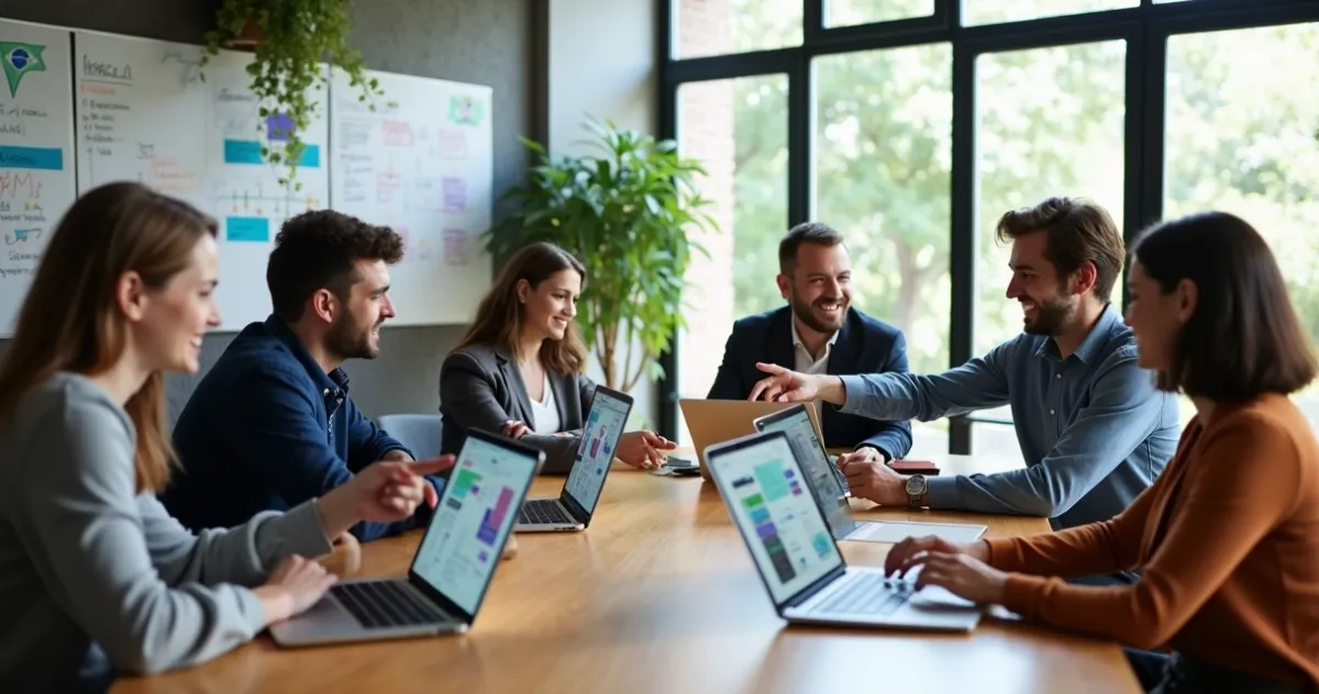 Equipe de trabalho colaborando em escritório moderno usando laptops com interface de ferramentas no-code na tela