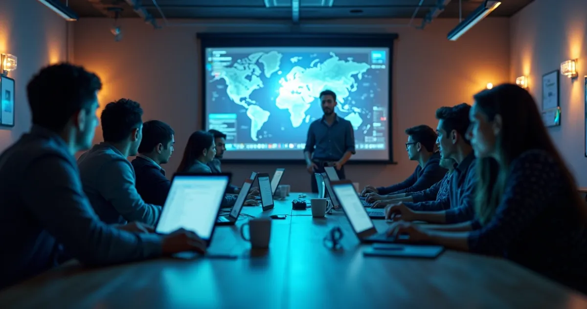 Equipe diversa reunida em sala moderna usando laptops e tablets durante treinamento tecnológico