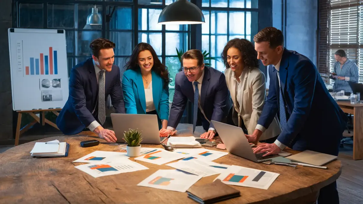 Equipe de negócios em torno de uma mesa com laptops e gráficos em um escritório moderno com luz natural.