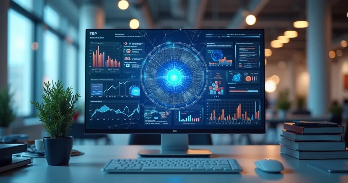 Computador moderno exibindo painel de controle de ERP com gráficos digitais e elementos de inteligência artificial flutuando