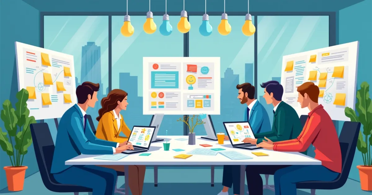 Ilustração de um escritório vibrante mostrando uma equipe diversificada colaborando em modelagem no-code.