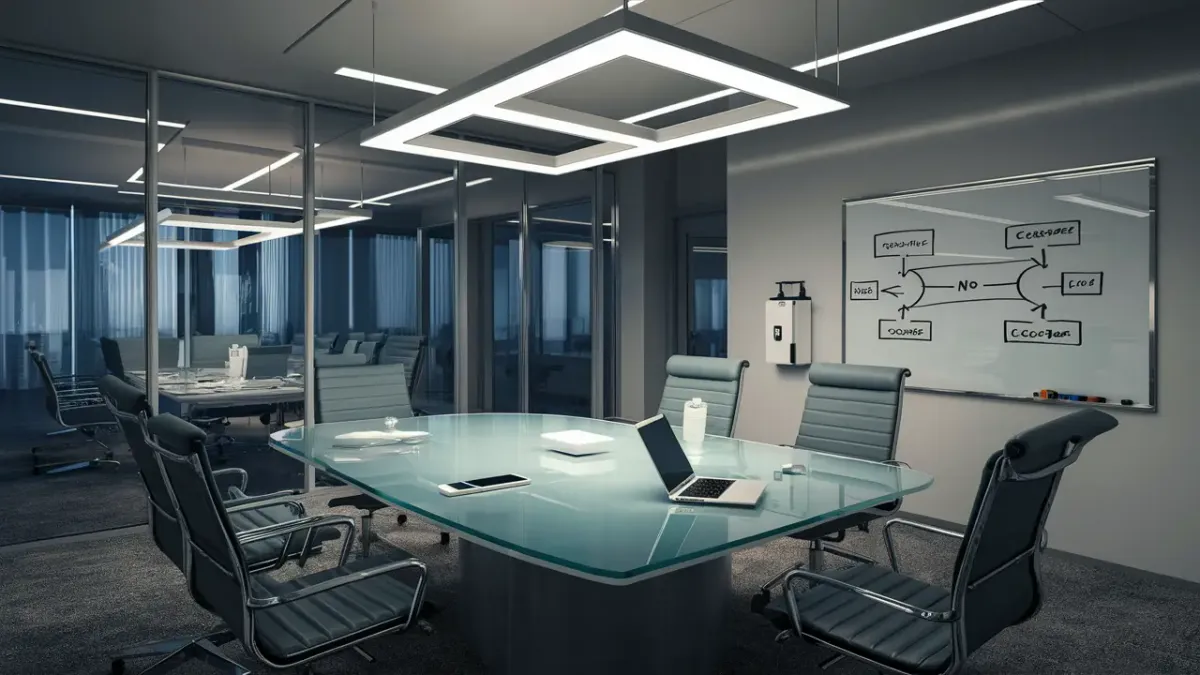 Ilustração de um escritório moderno destacando soluções no-code com laptop e ícones de ferramentas.