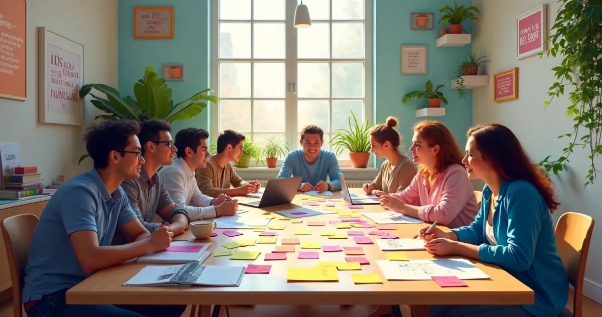 Espaço criativo de brainstorming para escolha de nome de marca com mesa cheia de notas adesivas.