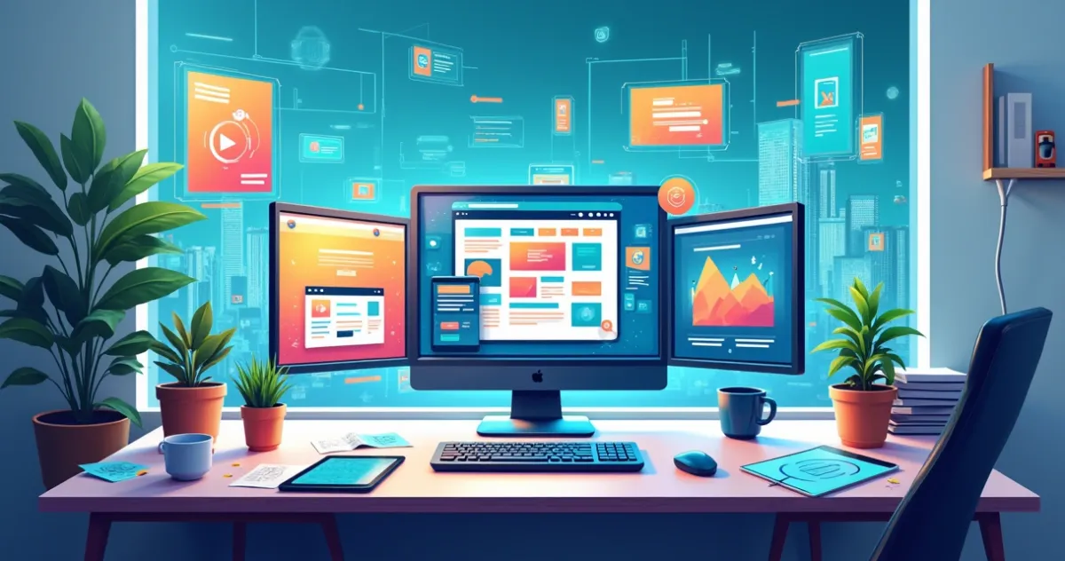 Ilustração digital de um espaço de trabalho futurista com design de websites modernos e tecnologia avançada.