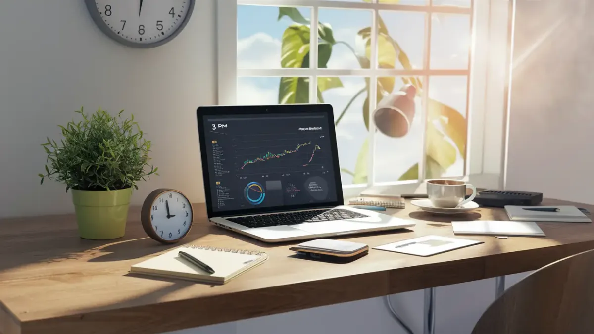 Espaço de trabalho moderno com laptop mostrando gráficos de desempenho, planta em vaso e café na mesa.