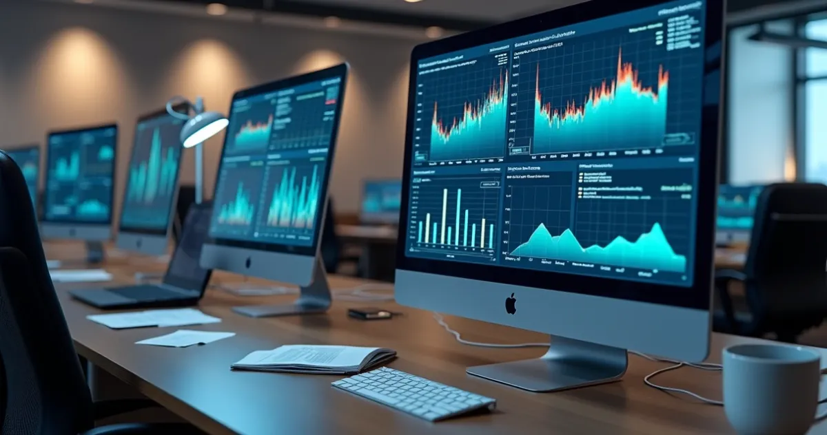 Computadores com telas mostrando sistemas diferentes desconectados em escritório moderno