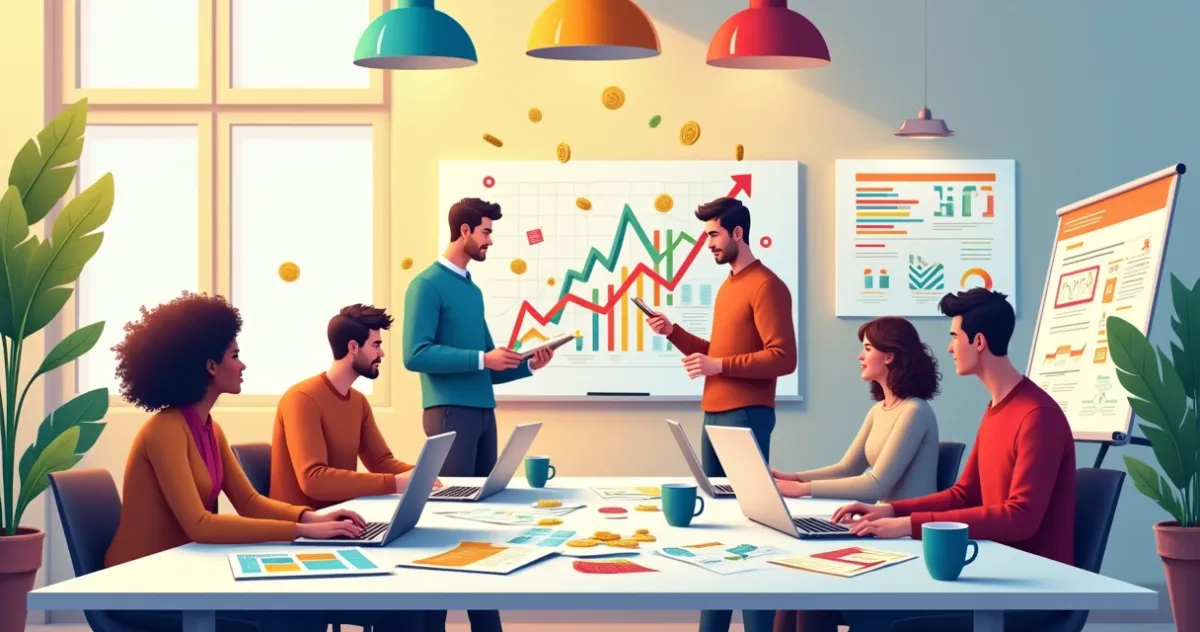 Ilustração de um escritório com fundadores de startup gerenciando fluxo de caixa, cercados por documentos e gráficos.